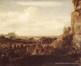 Une vallée de la rivière avec un groupe de maisons Une vallée de la rivière avec un groupe de maisons