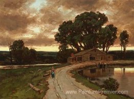 Figure sur la route et la ferme au coucher du soleil Figure sur la route et la ferme au coucher du soleil