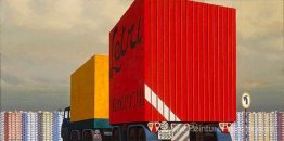 Camion et remorque s'approchant d'une ville Camion et remorque s'approchant d'une ville