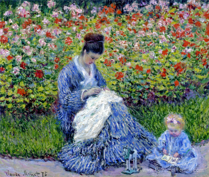 Camille Monet et un enfant dans le jardin de l'artiste à Argente