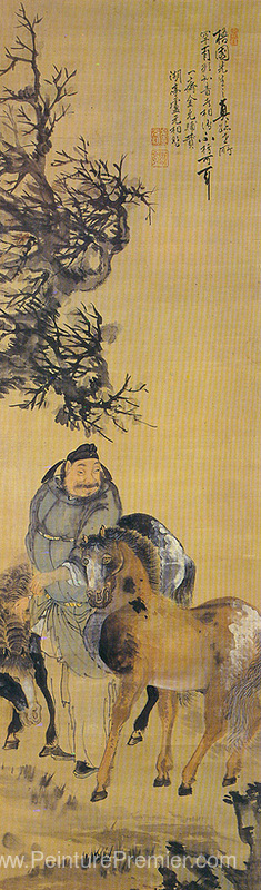 La peinture d'un homme avec deux chevaux