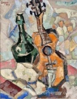 Chapeau, bouteille verte et guitare Chapeau, bouteille verte et guitare