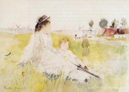 Fille et enfant sur l'herbe Fille et enfant sur l'herbe