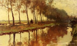 Une paysanne sur un chemin le long d'un canal Une paysanne sur un chemin le long d'un canal