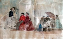 Figures sur la plage devant les huttes de baignade Figures sur la plage devant les huttes de baignade