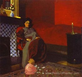Room rouge intérieur avec femme et enfant Room rouge intérieur avec femme et enfant