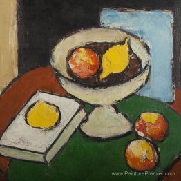 Nature morte avec stand de fruits, livre et fruits Nature morte avec stand de fruits, livre et fruits