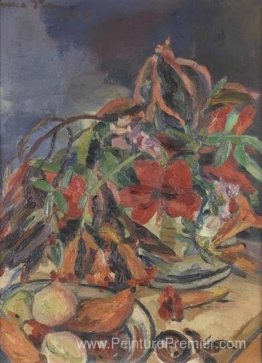 Nature morte avec Hibiscus, trompettes et fruits d'Angel Nature morte avec Hibiscus, trompettes et fruits d'Angel