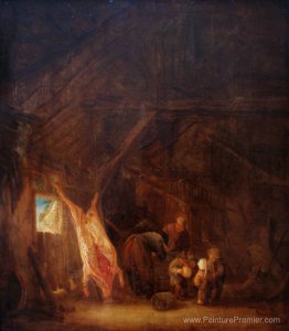 Un intérieur de grange avec un cochon abattu, les enfants jouant Un intérieur de grange avec un cochon abattu, les enfants jouant