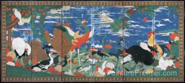 Oiseaux, animaux et plantes à fleurs dans une scène imaginaire Oiseaux, animaux et plantes à fleurs dans une scène imaginaire