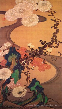 Chrysanthemums par un ruisseau, avec des rochers Chrysanthemums par un ruisseau, avec des rochers