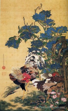 Coq et poule avec hortensias Coq et poule avec hortensias