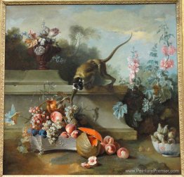 Nature morte avec singe, fruits et fleurs Nature morte avec singe, fruits et fleurs