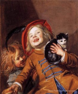 Enfants en riant avec un chat Enfants en riant avec un chat