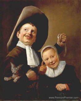 Un garçon et une fille avec un chat et une anguille Un garçon et une fille avec un chat et une anguille
