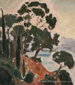 Paysage avec des cyprès et des pins sur une côte rocheuse Paysage avec des cyprès et des pins sur une côte rocheuse