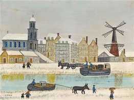 Ville au moulin près du canal en hiver Ville au moulin près du canal en hiver