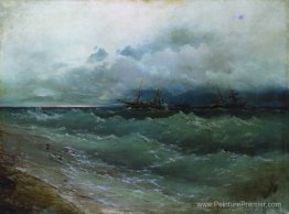 Navires dans la mer Stormy. Lever du soleil Navires dans la mer Stormy. Lever du soleil
