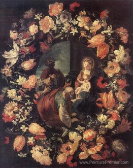 Adoración de los Magos en una de flores guirnalda Adoración de los Magos en una de flores guirnalda