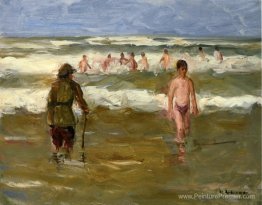 Garçons qui se baignent avec un gardien de plage Garçons qui se baignent avec un gardien de plage