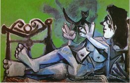Femelle couchée nue avec chat Femelle couchée nue avec chat