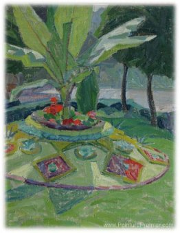 Paysage avec palmier et lit de fleurs en fleurs Paysage avec palmier et lit de fleurs en fleurs