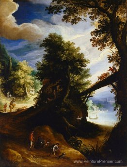 Un paysage boisé avec un pont et des sportifs au bord de la rivi Un paysage boisé avec un pont et des sportifs au bord de la rivi