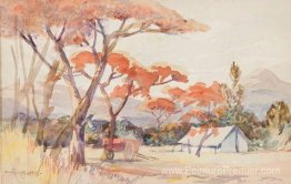 Une tente et une charrette dans un paysage boisé Une tente et une charrette dans un paysage boisé