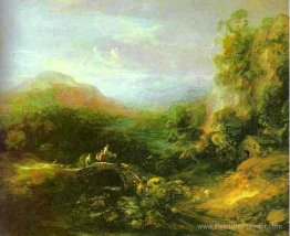 Paysage de montagne avec des paysans traversant un pont Paysage de montagne avec des paysans traversant un pont