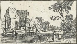 Chemin le long d'une rivière avec un bâtiment sur les échasses Chemin le long d'une rivière avec un bâtiment sur les échasses