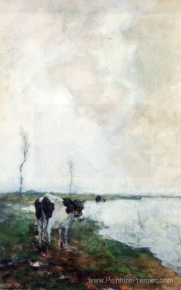 Une vache debout au bord de l'eau dans un polder Une vache debout au bord de l'eau dans un polder