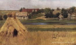 Les gerbes et un village au-delà de la rivière Les gerbes et un village au-delà de la rivière