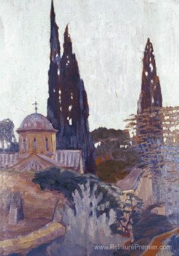 Église avec cyprès Église avec cyprès