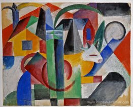 Gelb-Weisse Kuh vor H?usern Gelb-Weisse Kuh vor H?usern