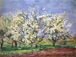 Pommiers en fleur. Jour bleu. Pommiers en fleur. Jour bleu.