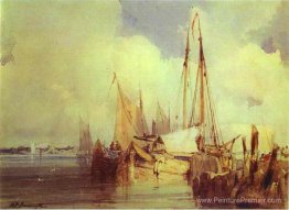 Scène de la rivière française avec des bateaux de pêche Scène de la rivière française avec des bateaux de pêche