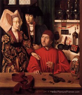 St. Eligius comme un orfèvre montrant un anneau au couple engagé St. Eligius comme un orfèvre montrant un anneau au couple engagé