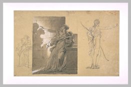 Femme tenant un enfant et voyant l'ombre des personnages embrass Femme tenant un enfant et voyant l'ombre des personnages embrass