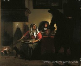 Intérieur avec deux gentleman et une femme à côté d'un feu Intérieur avec deux gentleman et une femme à côté d'un feu