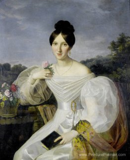 Une dame dans une robe blanche et un châle devant un paysage vie Une dame dans une robe blanche et un châle devant un paysage vie