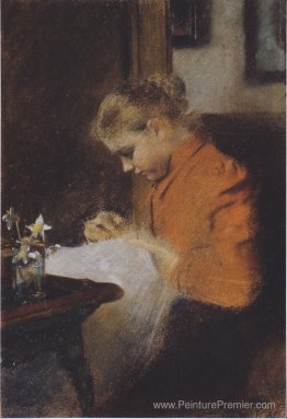 Leopoldine Steindl-Moser, eine Schwester des Künstlers, n?hend Leopoldine Steindl-Moser, eine Schwester des Künstlers, n?hend