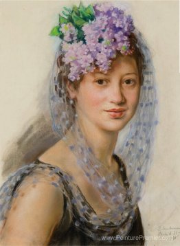 Portrait de Berthe Popoff dans un fascinateur floral Portrait de Berthe Popoff dans un fascinateur floral