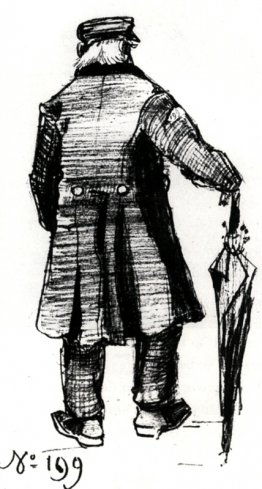 Orphelin avec un long pardessus et un parapluie, vu de l'arrière Orphelin avec un long pardessus et un parapluie, vu de l'arrière
