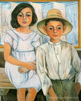 Fille assise et garçon avec chapeau debout Fille assise et garçon avec chapeau debout