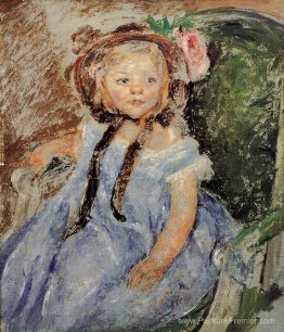 Sara en bonnet sombre avec la main droite sur le bras de chaise Sara en bonnet sombre avec la main droite sur le bras de chaise