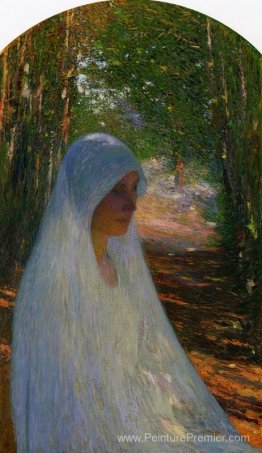 Jeune femme voilée en blanc dans une forêt Jeune femme voilée en blanc dans une forêt