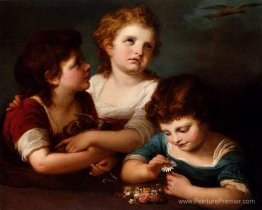 Enfants avec un nid d'oiseau et des fleurs Enfants avec un nid d'oiseau et des fleurs