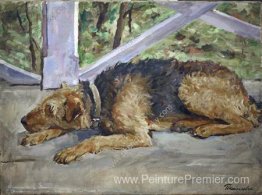 Airedale sur le balcon Airedale sur le balcon