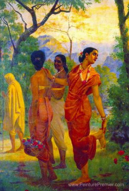 Shakuntala regardant en arrière pour s'habiller Dushyanta Shakuntala regardant en arrière pour s'habiller Dushyanta