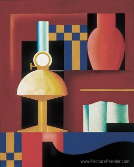 Composition avec lampe paraffine, vase et livre Composition avec lampe paraffine, vase et livre